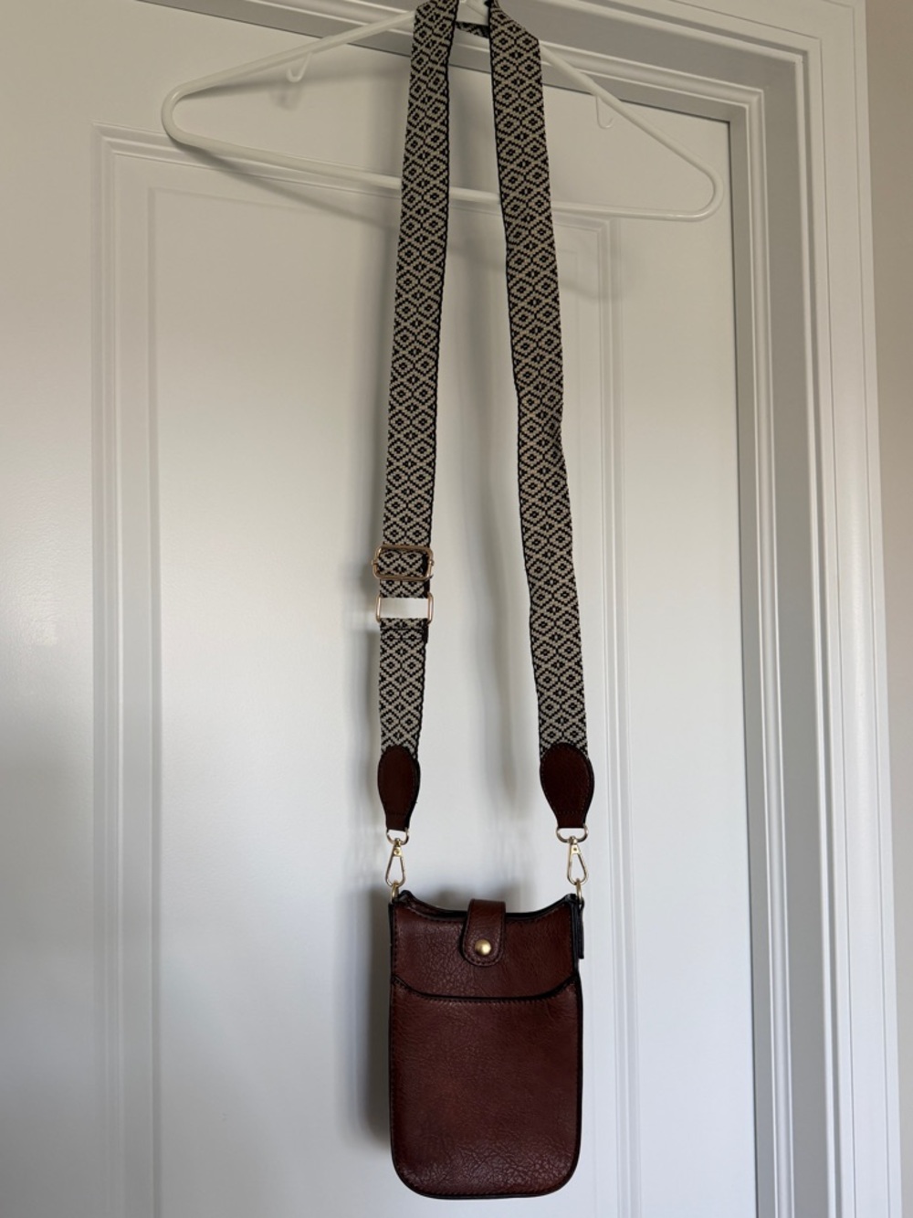 Brown Leather Crossbody with Patterned Strap